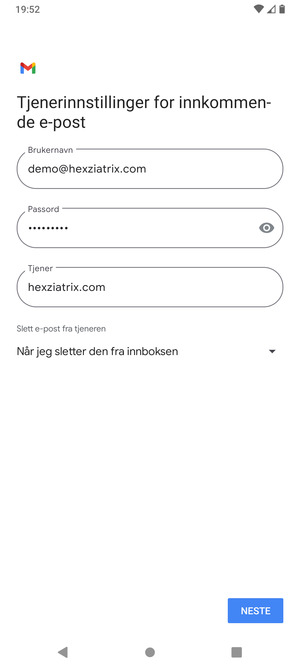 Skriv inn Brukernavn og innkommende serveradresse. Velg NESTE