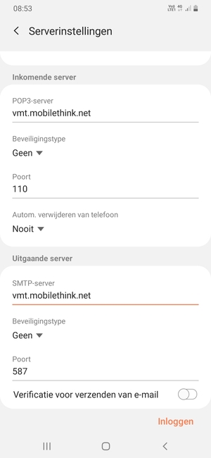 Schakel Verificatie voor verzenden van e-mail uit en selecteer Inloggen