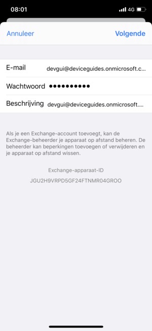 Voer uw Exchange e-mailgegevens in en selecteer Volgende