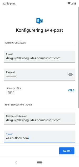 Skriv inn Brukernavn og Exchange serveradresse. Velg Neste