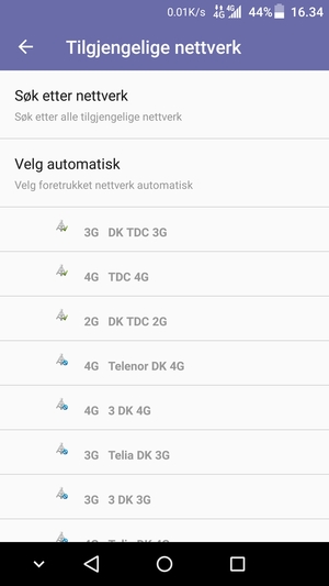 Velg en nettverksoperatør fra listen