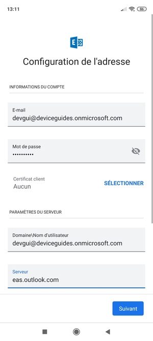 Saisissez votre Nom d'utilisateur et l'adresse du serveur Exchange. Sélectionnez Suivant