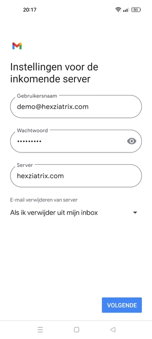 Voer Gebruikersnaam en binnenkomend serveradres in. Selecteer VOLGENDE