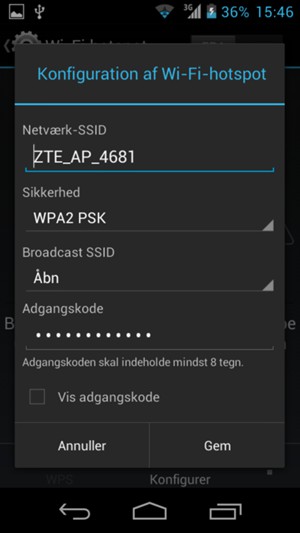 Indtast en adgangskode på minimum 8 tegn og vælg Gem