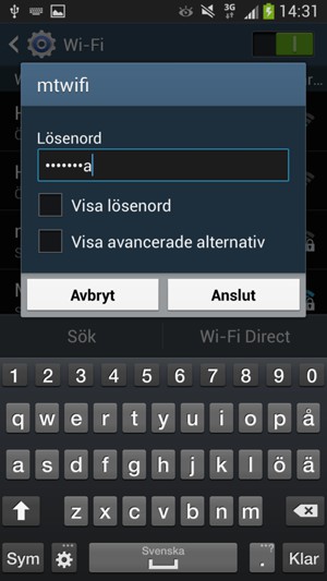 Ange lösenord till Wi-Fi och välj Anslut