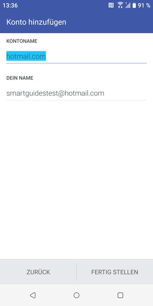 Geben Sie Ihrem Konto einen Namen und geben Sie Ihren Namen ein. Wählen Sie FERTIG STELLEN