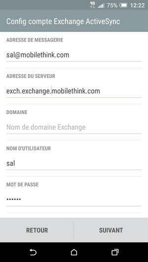 Saisissez l'adresse du serveur Exchange et le Nom d'utilisateur. Sélectionnez SUIVANT