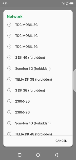 Select a network operator from the list