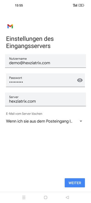 Geben Sie Benutzername und die Server-Adresse für eingehende Post ein. Wählen Sie WEITER