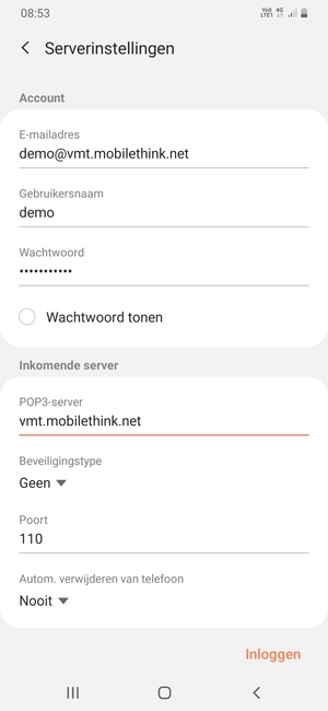 Voer Gebruikersnaam en binnenkomend serveradres in