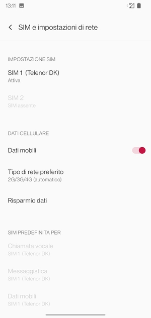 Seleziona SIM 1 o SIM 2