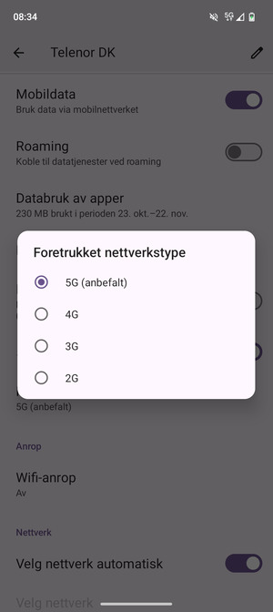 Velg ønsket alternativ