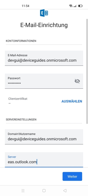 Geben Sie Benutzername und Exchange Server-Adresse ein. Wählen Sie Weiter