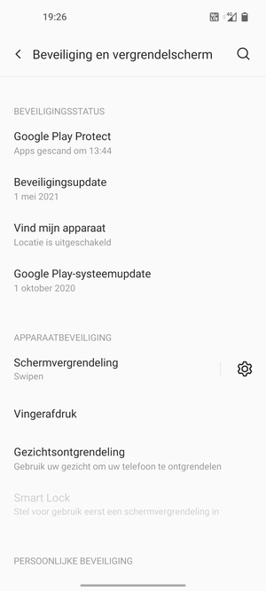 Om uw schermvergrendeling te activeren, ga naar het Beveiliging en vergrendelscherm-menu en selecteer Schermvergrendeling