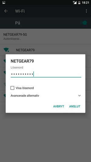 Ange lösenord till Wi-Fi och välj ANSLUT