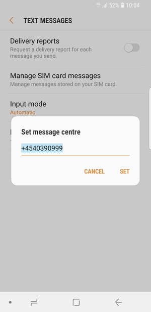 Enter the Message centre number and select SET