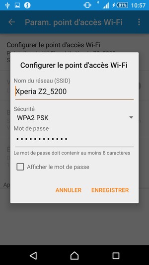 Saisissez un mot de passe de hotspot Wi-Fi d'au moins 8 caractères et sélectionnez ENREGISTRER