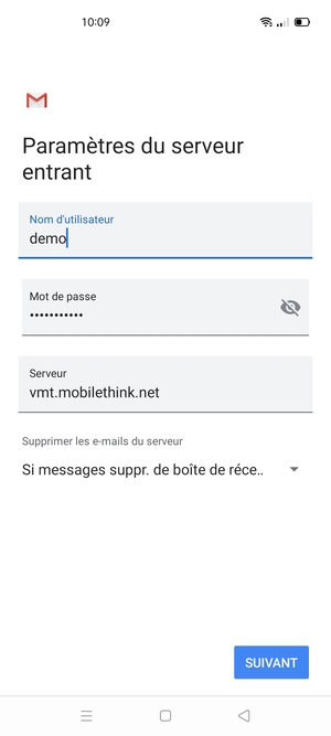 Saisissez votre Nom d'utilisateur et l'adresse du serveur entrant. Sélectionnez SUIVANT