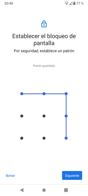 Dibuje un patrón de desbloqueo y seleccione Siguiente