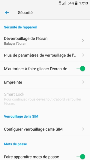 Pour activer votre écran de verrouillage, allez dans le menu Sécurité et sélectionnez Déverrouillage de l'écran