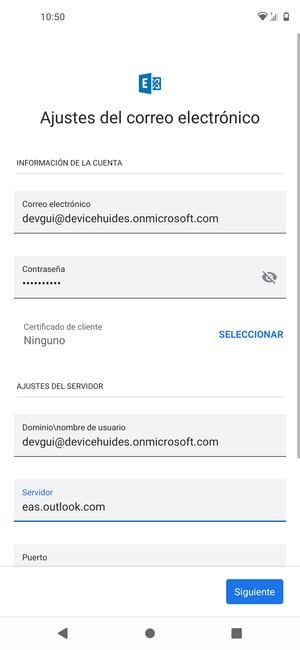 Introduzca Nombre de usuario y la dirección de servidor Exchange. Seleccione Siguiente