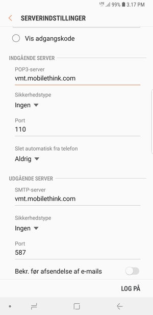 Slå Bekr. før afsendelse af e-mails fra og vælg LOG PÅ