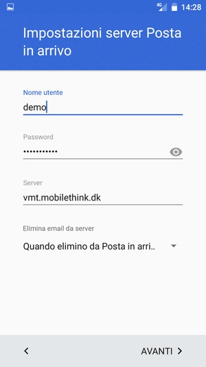 Inserisci Nome utente e l'indirizzo del server di posta in arrivo. Seleziona AVANTI