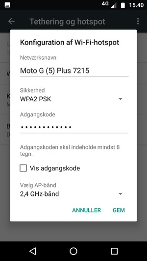 Indtast en Wi-Fi-hotspot adgangskode på minimum 8 tegn og vælg GEM