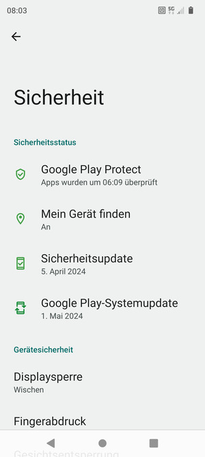 Um Ihre Bildschirmsperre zu aktivieren, gehen Sie zum Sicherheit Menü und wählen Sie  Displaysperre