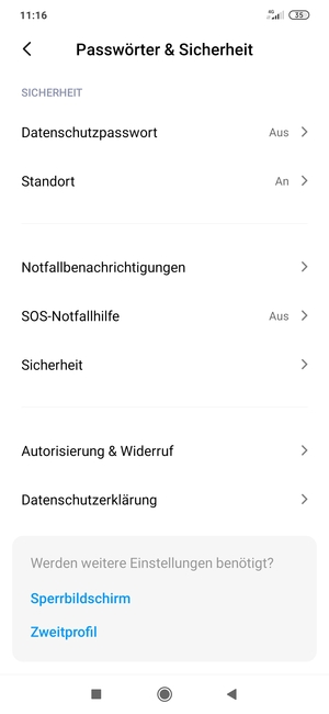 Scrollen Sie und wählen Sie Sicherheit
