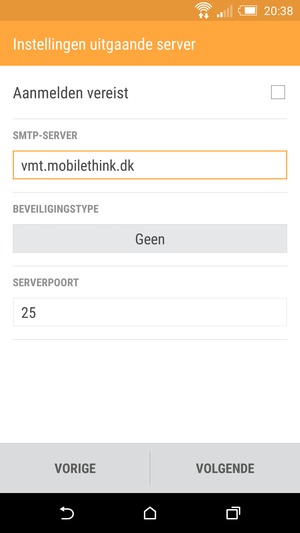 Voer e-mailgegevens voor instellingen Uitgaande server in. Selecteer VOLGENDE