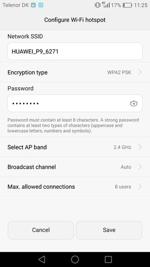 Enter a Wi-Fi hotspot password of at least 8 characters and select Save