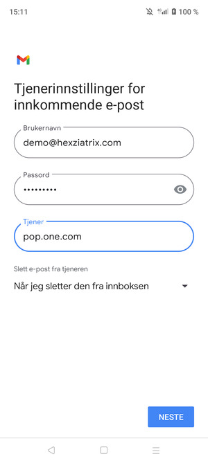 Skriv inn Brukernavn og innkommende serveradresse. Velg NESTE