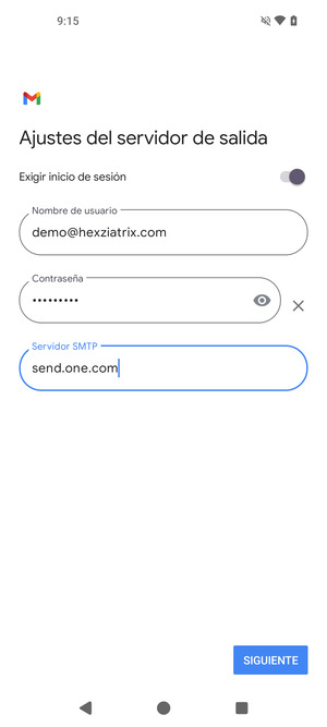 Introduzca la dirección de servidor saliente y seleccione SIGUIENTE