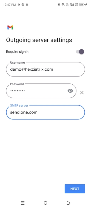 Enter Outgoing server address and select NEXT