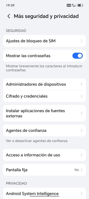 Seleccione Ajustes de  bloqueo de SIM