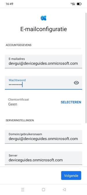 Voer Gebruikersnaam en Exchange serveradres in. Selecteer Volgende