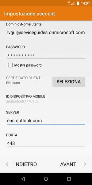 Inserisci Nome utente e l'indirizzo del server Exchange. Seleziona AVANTI