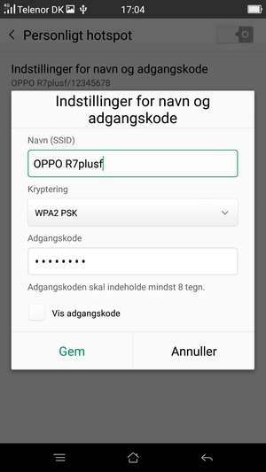 Indtast en Wi-Fi-hotspot adgangskode på minimum 8 tegn og vælg Gem