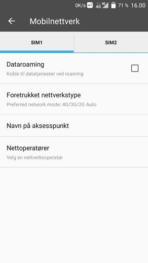Velg SIM1 eller SIM2 og velg Navn på aksesspunkt