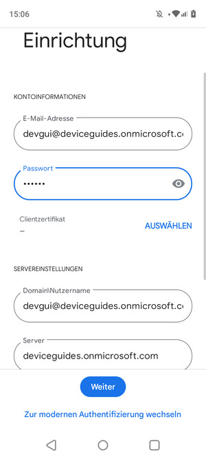 Geben Sie Benutzername und Exchange Server-Adresse ein. Wählen Sie Weiter