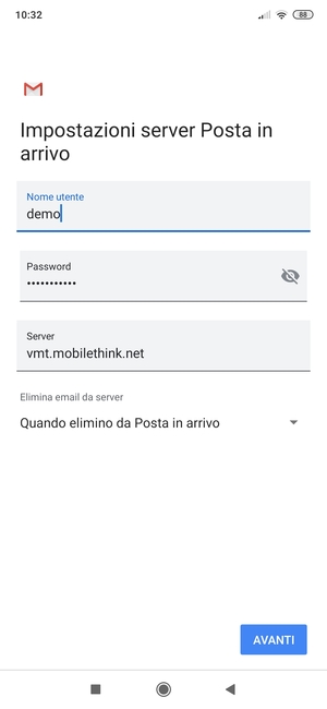 Inserisci Nome utente e l'indirizzo del server di posta in arrivo. Seleziona AVANTI