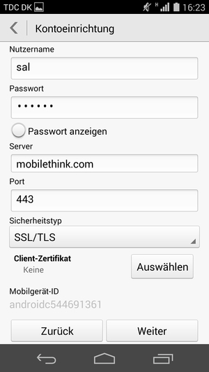 Geben Sie die Exchange Server-Adresse ein und wählen Sie Weiter
