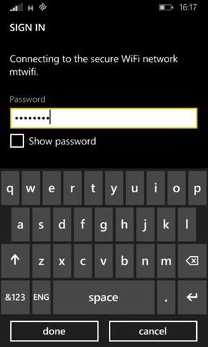 Enter the Wi-Fi password and select done