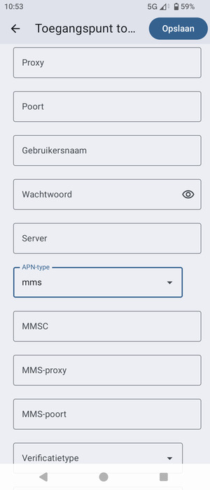 Scroll naar beneden en voer mms-gegevens in