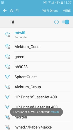Du er nu tilsluttet Wi-Fi netværket