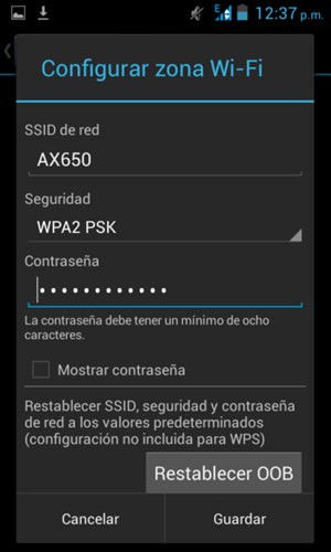 Introduzca una contraseña de punto de acceso Wi-Fi de al menos 8 caracteres y seleccione Guardar
