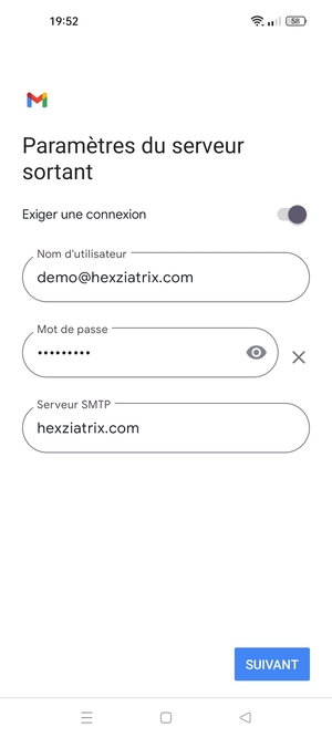 Saisissez l'adresse du serveur sortant et sélectionnez SUIVANT