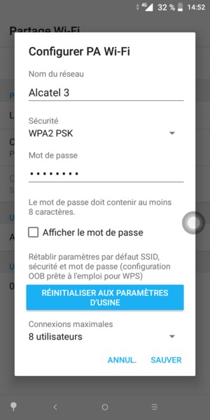 Saisissez un mot de passe de hotspot Wi-Fi d'au moins 8 caractères et sélectionnez SAUVER