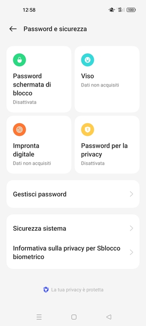 Per attivare il blocco dello schermo, vai al menu Password e sicurezza e seleziona Password schemata di blocco